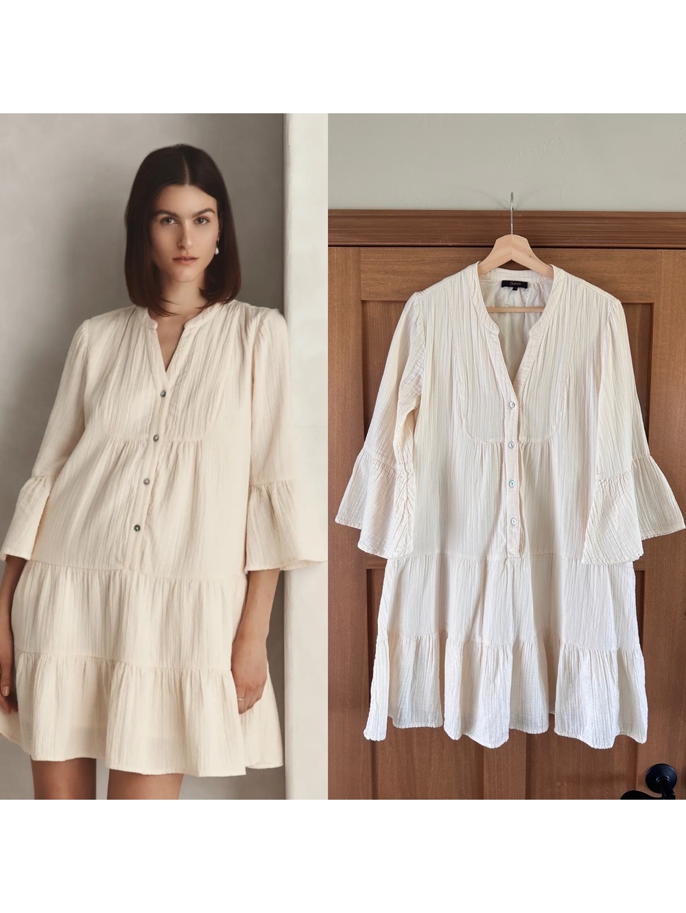 Quince Organic Cotton Gauze Long Sleeve Tiered Mini Dress Cream Women’s Small